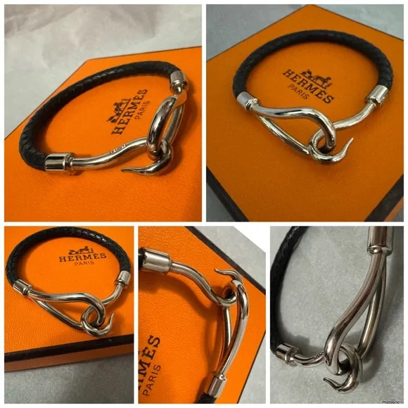 Hermès AUTHENTIC Silver & Black Leather Jumbo Hook Braided Tour Bracelet. - Picture 12 of 16